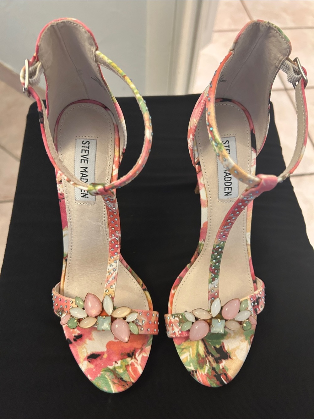 Steve Madden Floral Jeweled T-Strap Heels in Pink, Green and Coral